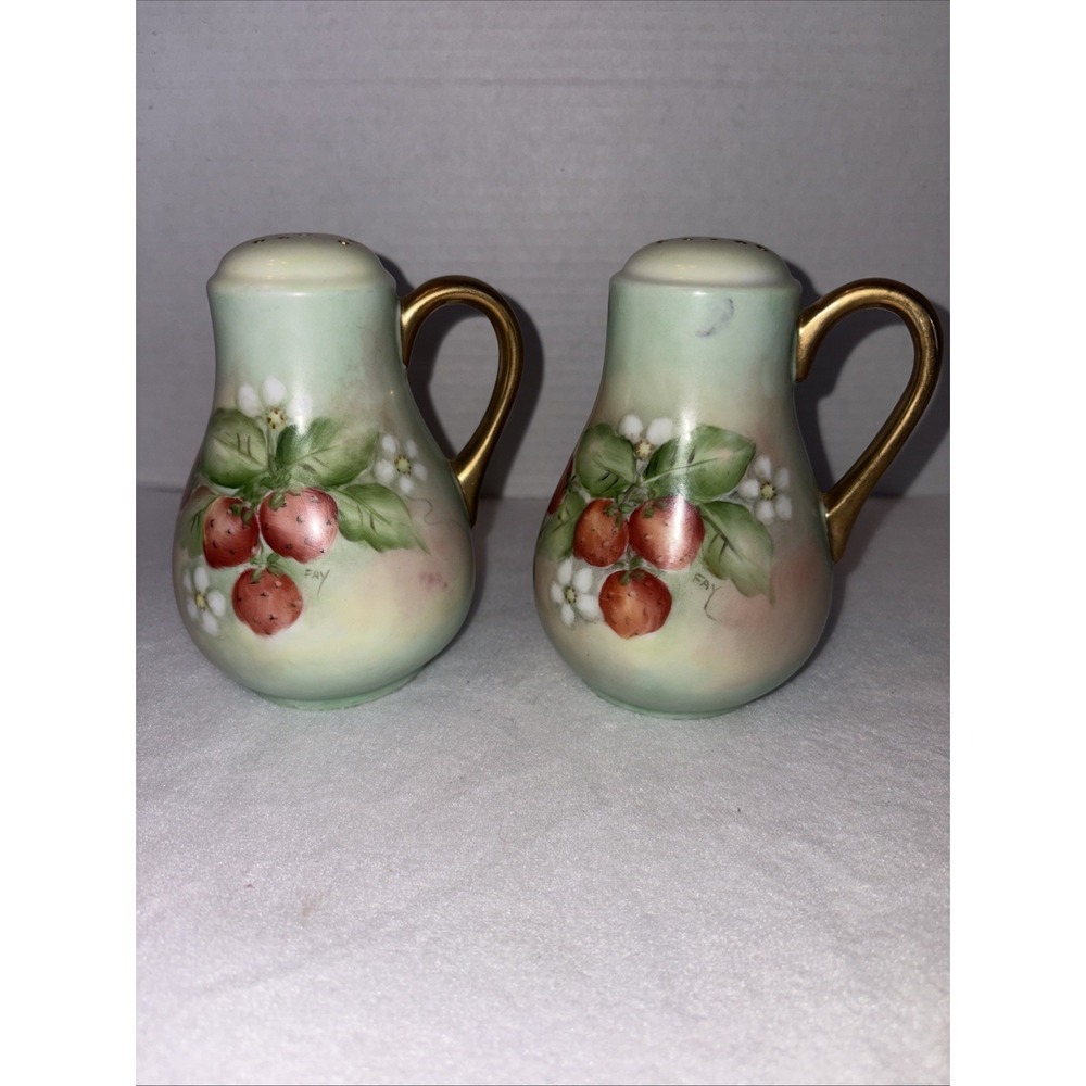 Antique Hand, Painted And Signed By"Fay" Porcelain Salt And Pepper Shakers